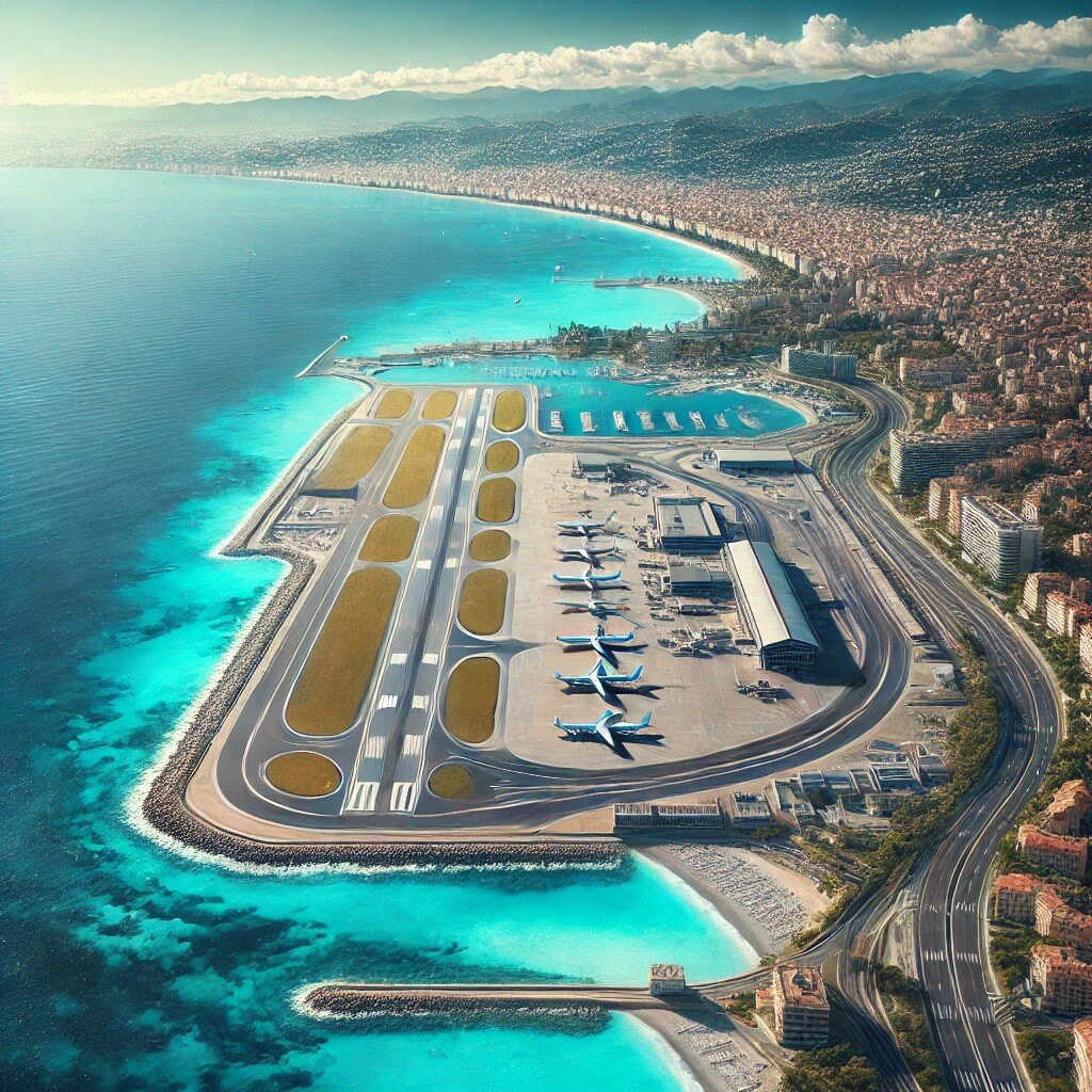 DALL·E 2024-12-11 14.29.29 - A realistic aerial view showcasing the proximity of Nice Côte dAzur Airport to the Mediterranean coastline. The image features the airports runways
