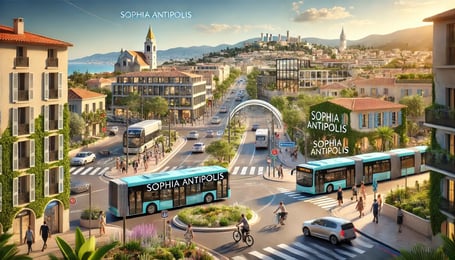 DALL·E 2024-12-11 14.42.16 - A realistic depiction of connectivity between Sophia Antipolis and the downtown of Antibes. The scene includes real-world elements such as modern urba